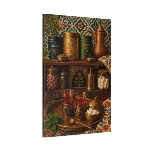 Main Mockup. Vintage Tea And Coffee Gold Moroccan shown as stretched canvas wall art