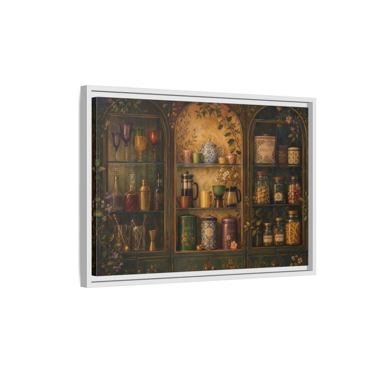Side Mockup 1. Vintage Tea Cabinet shown as framed canvas print