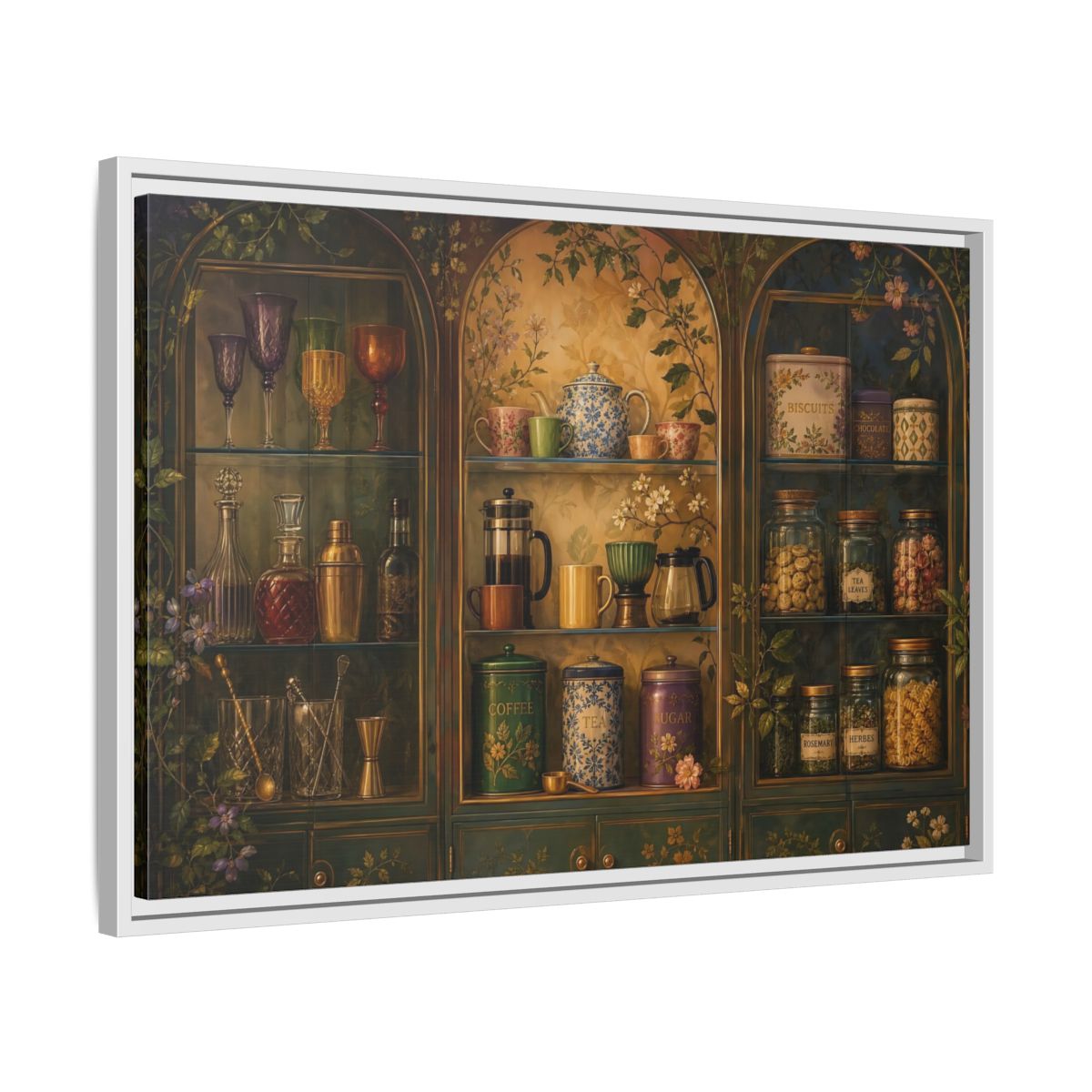 Side Mockup 10. Vintage Tea Cabinet shown as framed canvas print