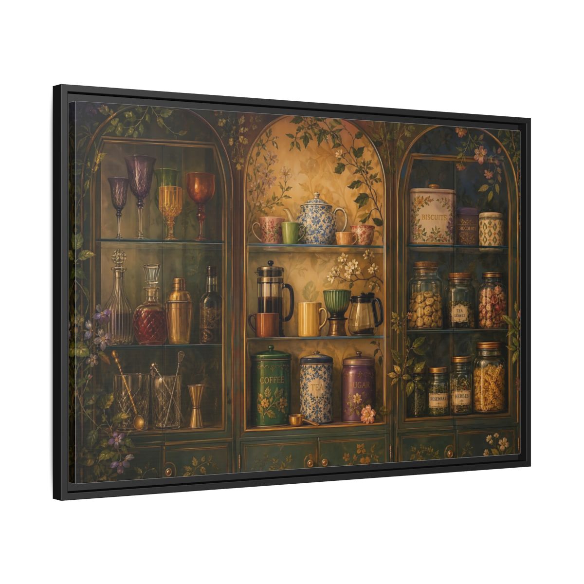 Side Mockup 13. Vintage Tea Cabinet shown as framed canvas print