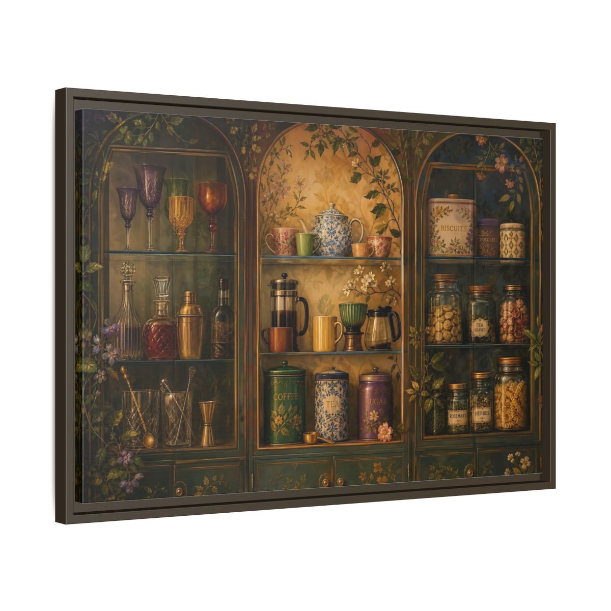 Side Mockup 11. Vintage Tea Cabinet shown as framed canvas print
