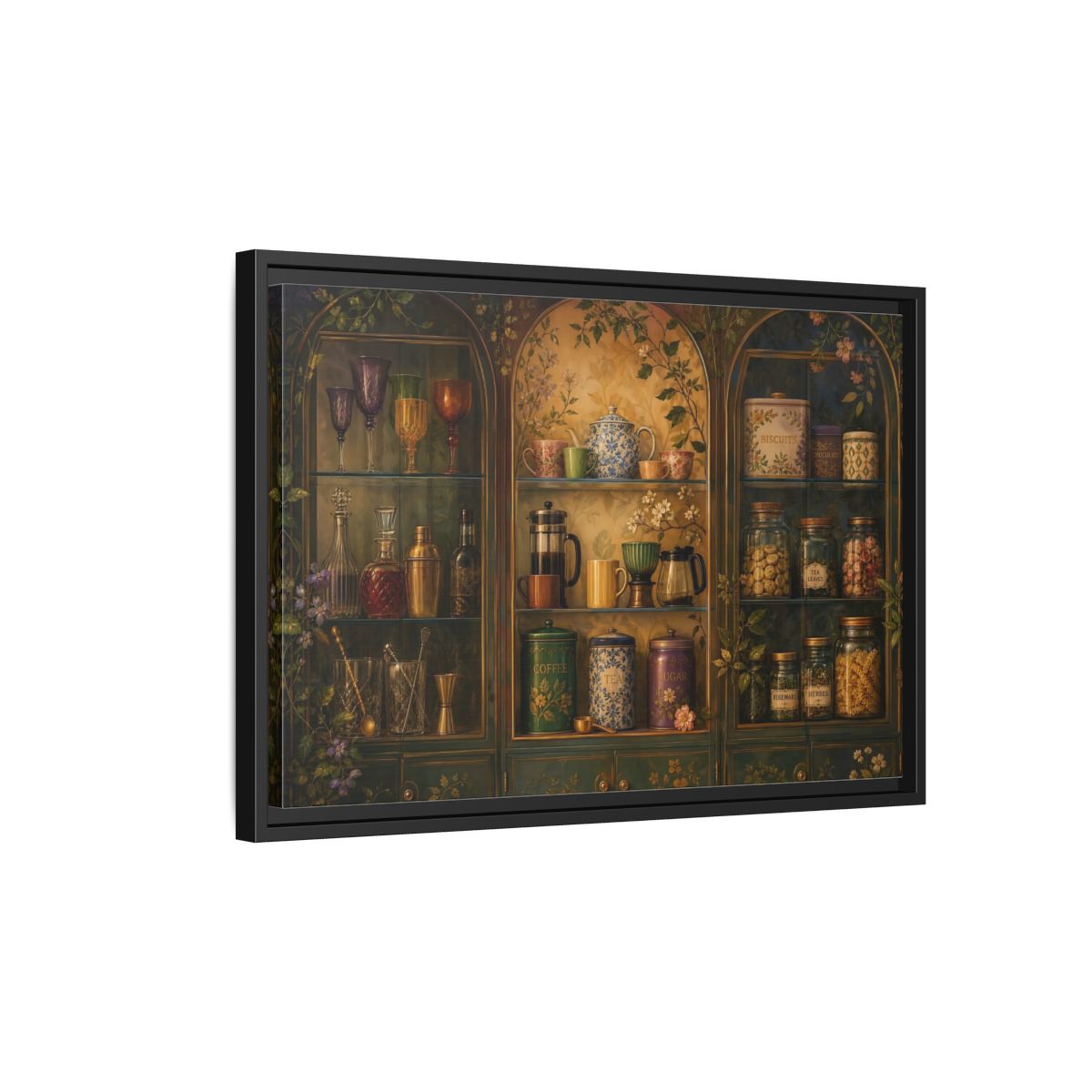 Side Mockup 3. Vintage Tea Cabinet shown as framed canvas print