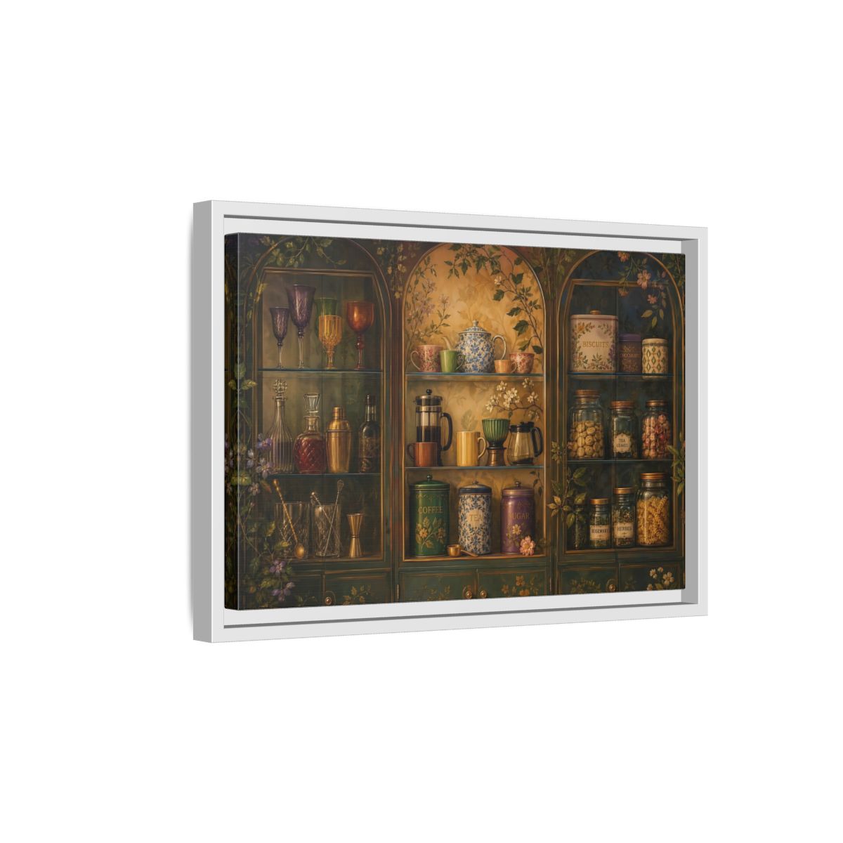 Side Mockup 4. Vintage Tea Cabinet shown as framed canvas print