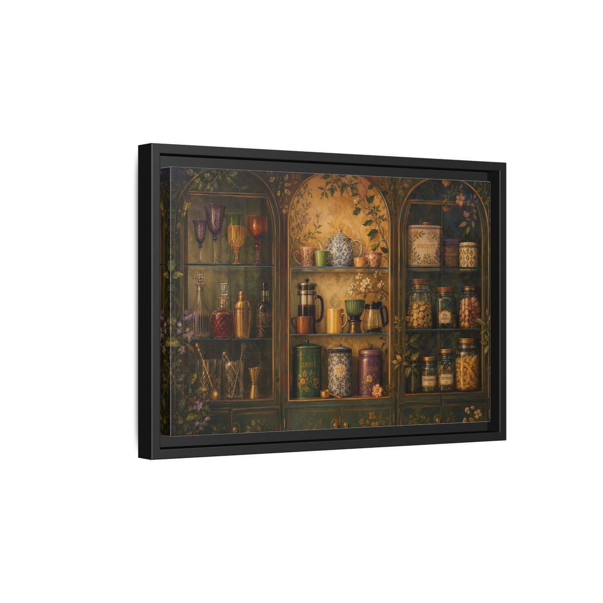 Side Mockup 6. Vintage Tea Cabinet shown as framed canvas print