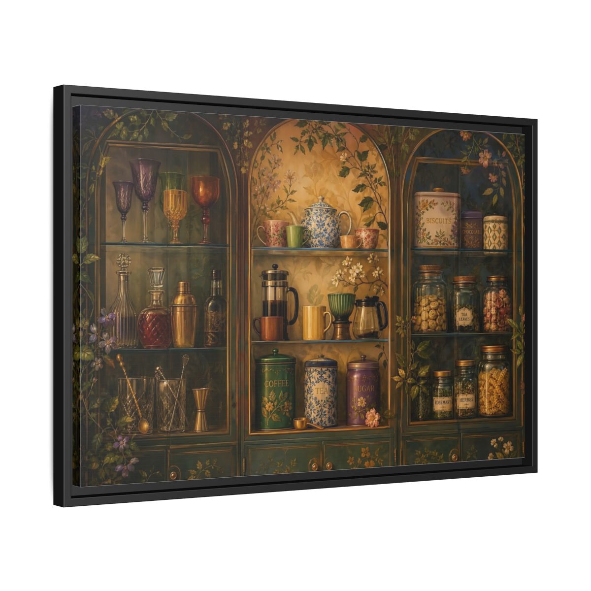 Side Mockup 14. Vintage Tea Cabinet shown as framed canvas print