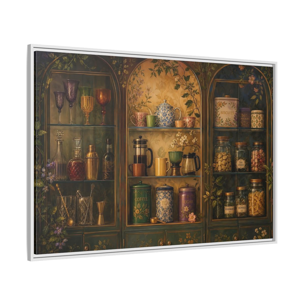 Side Mockup 7. Vintage Tea Cabinet shown as framed canvas print