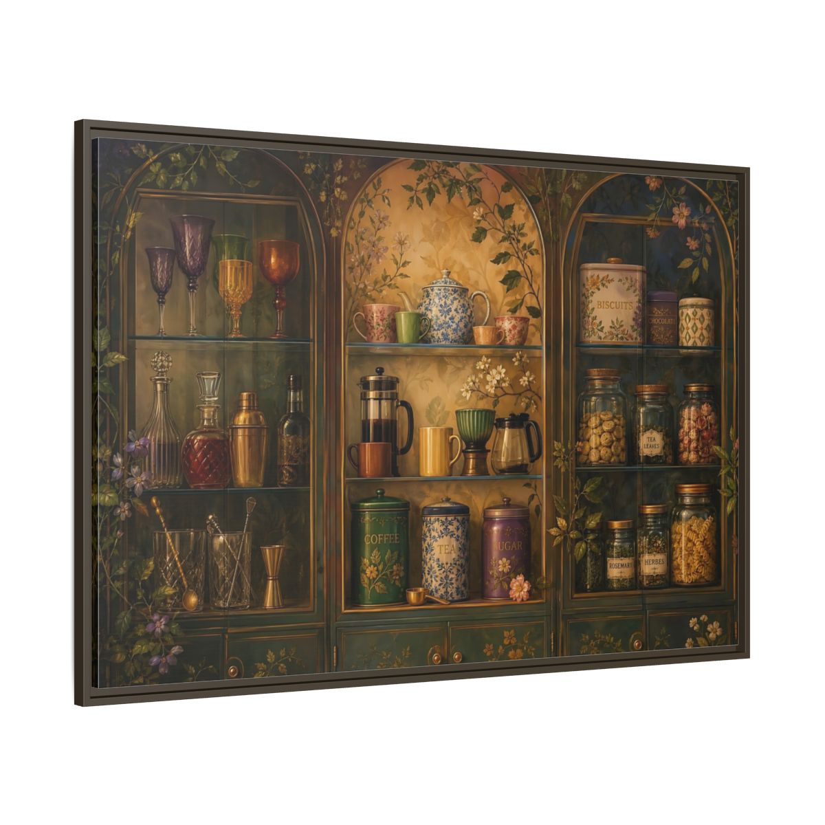 Side Mockup 8. Vintage Tea Cabinet shown as framed canvas print