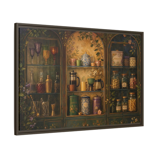 Main Mockup. Vintage Tea Cabinet shown as framed canvas print