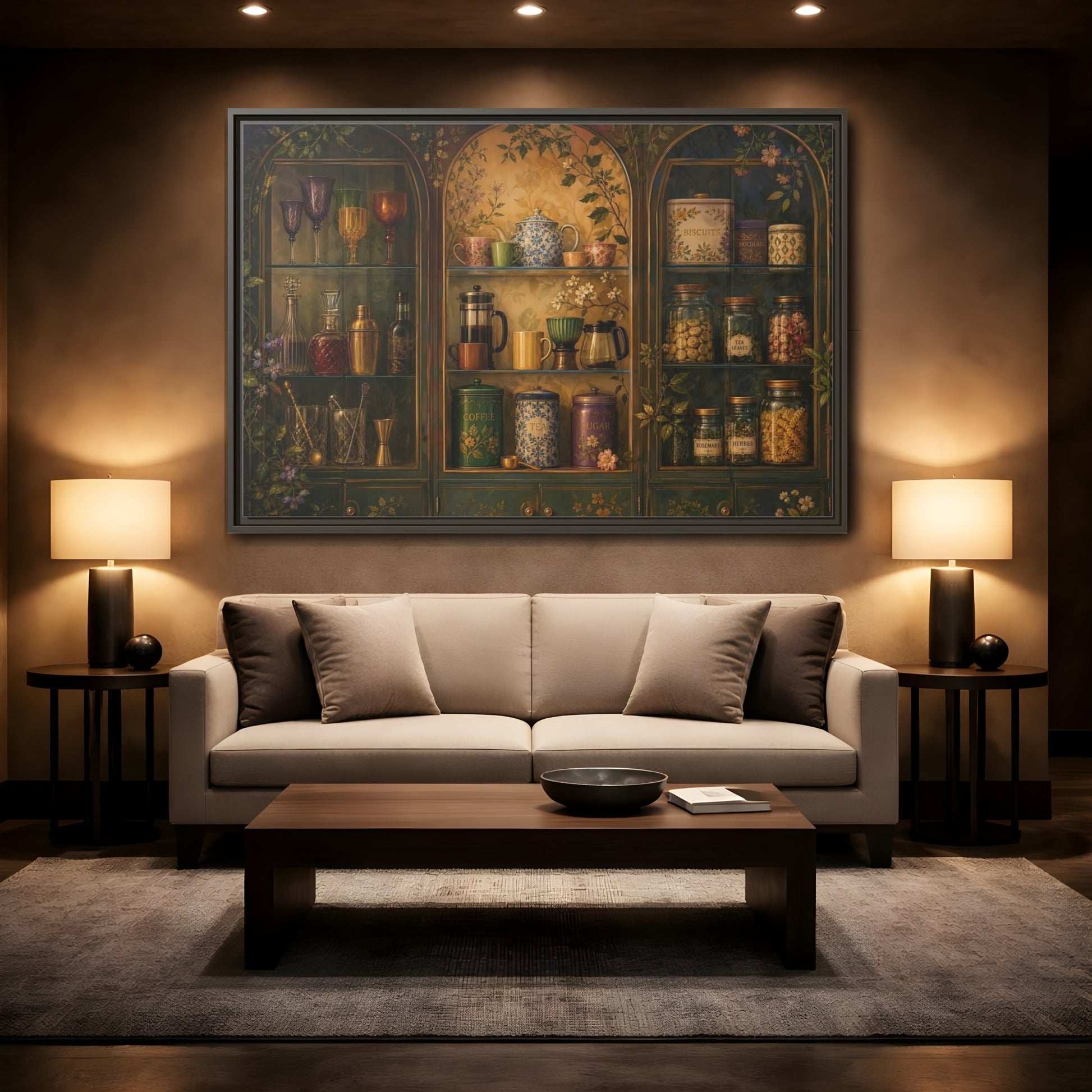 Mockup 2. Vintage Tea Cabinet shown as framed canvas print