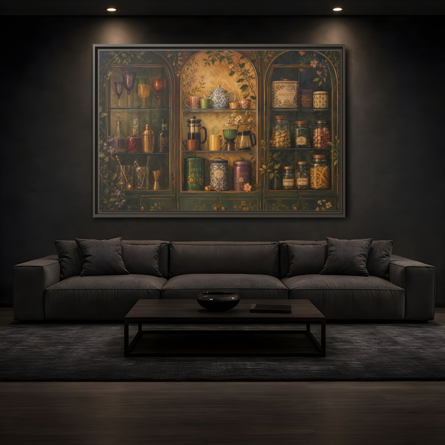 Mockup 3. Vintage Tea Cabinet shown as framed canvas print