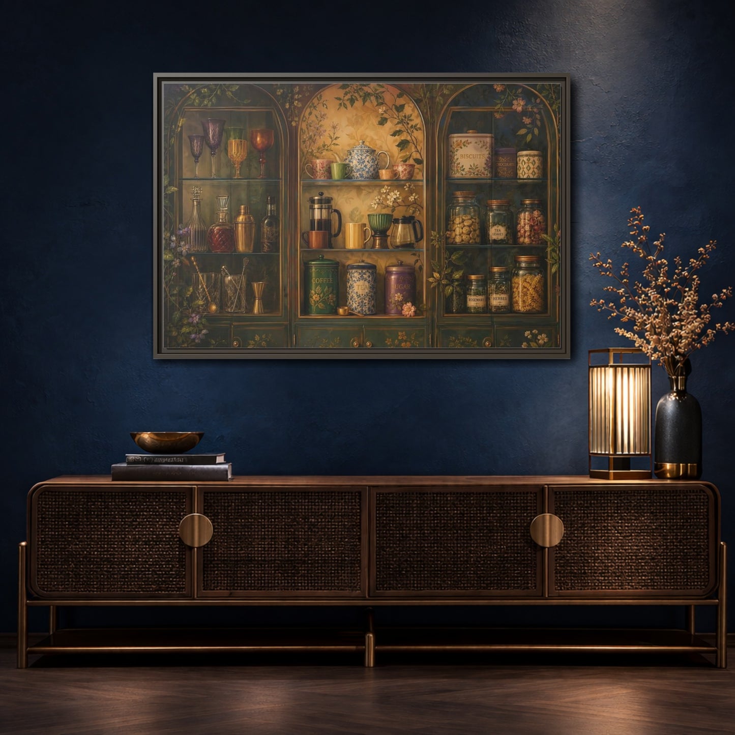 Mockup 4. Vintage Tea Cabinet shown as framed canvas print