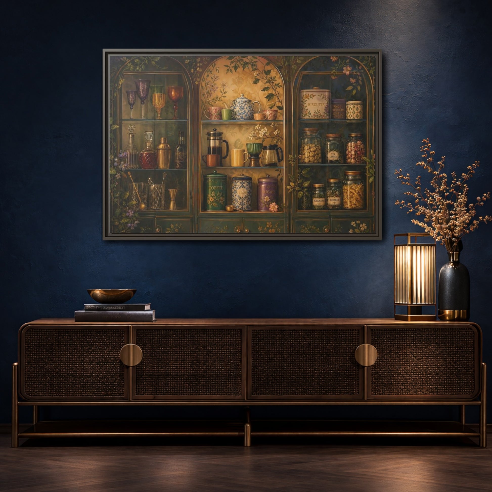 Mockup 4. Vintage Tea Cabinet shown as framed canvas print