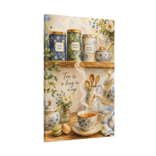 Main Mockup. Vintage Tea Set Blue And Green Tea shown as stretched canvas wall art