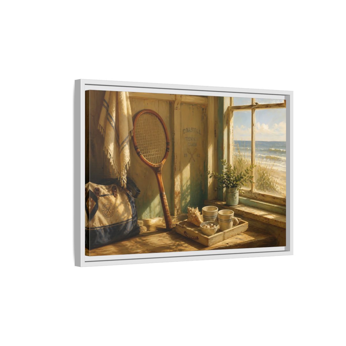 Side Mockup 1. Vintage Tennis Racket Vintage Coastal shown as framed canvas print