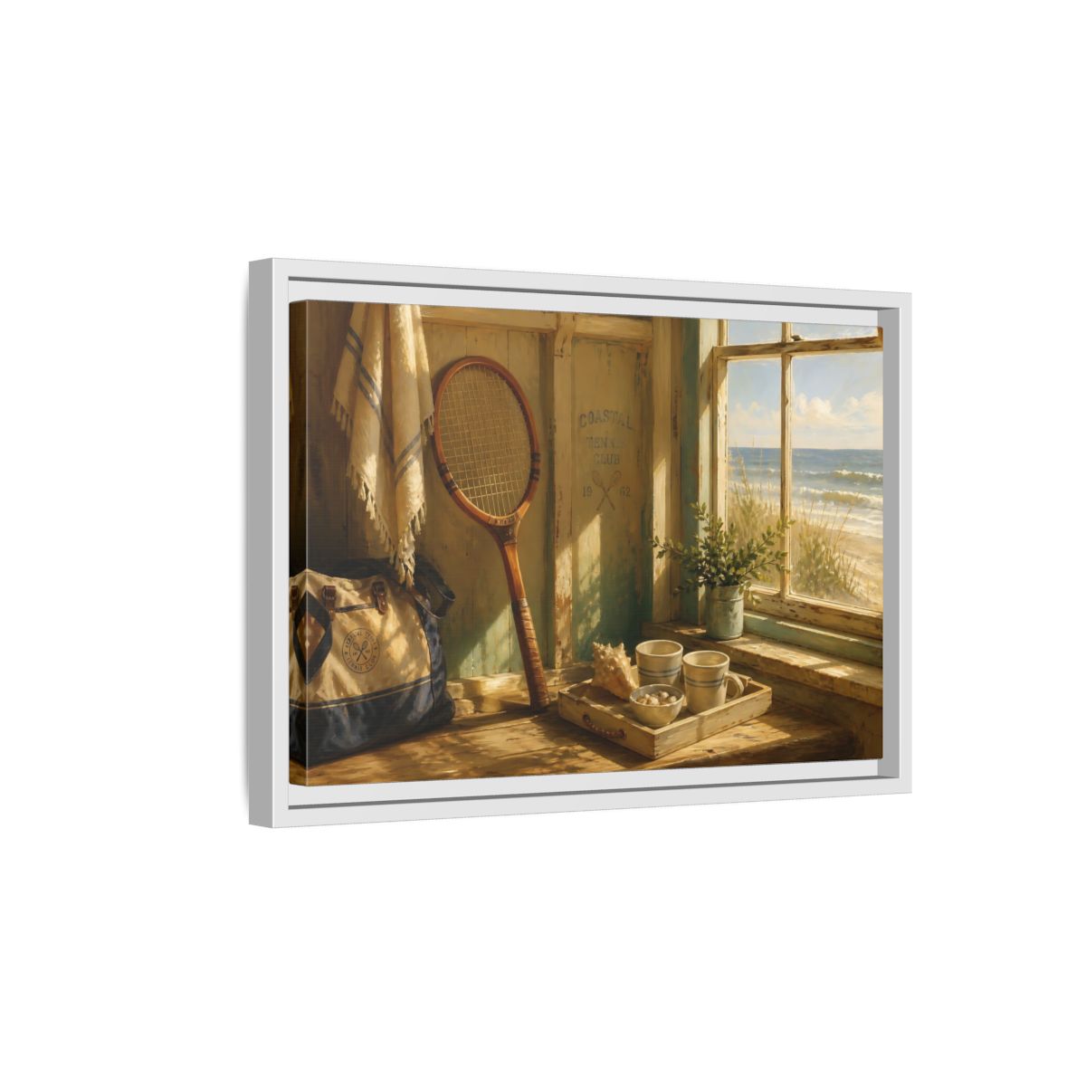 Side Mockup 4. Vintage Tennis Racket Vintage Coastal shown as framed canvas print