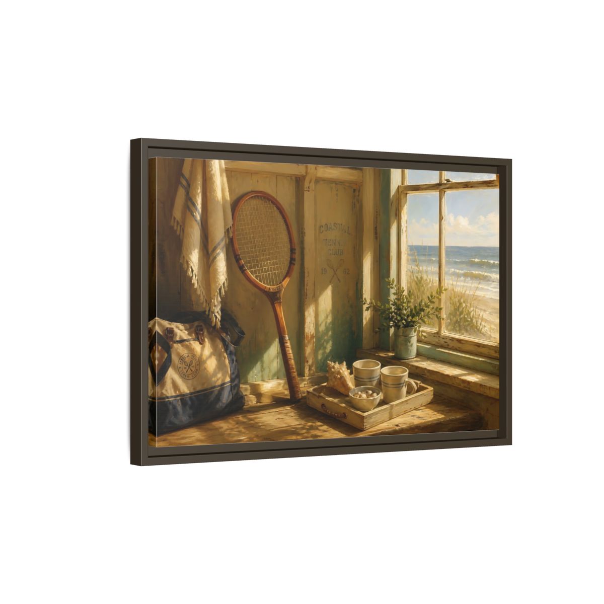 Side Mockup 2. Vintage Tennis Racket Vintage Coastal shown as framed canvas print