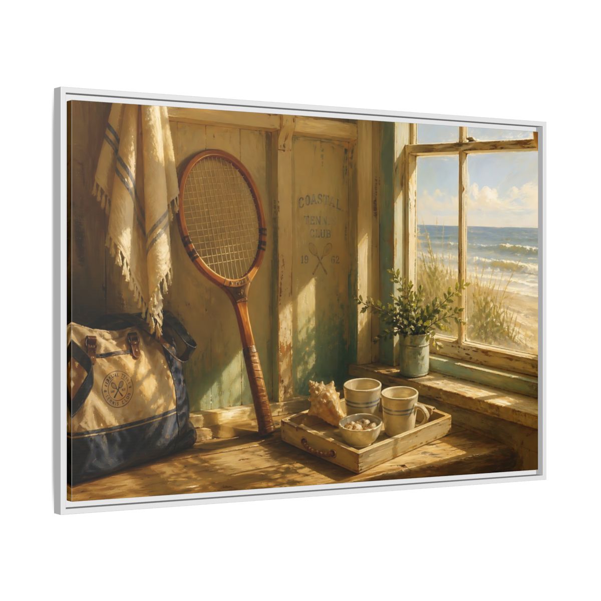 Side Mockup 7. Vintage Tennis Racket Vintage Coastal shown as framed canvas print