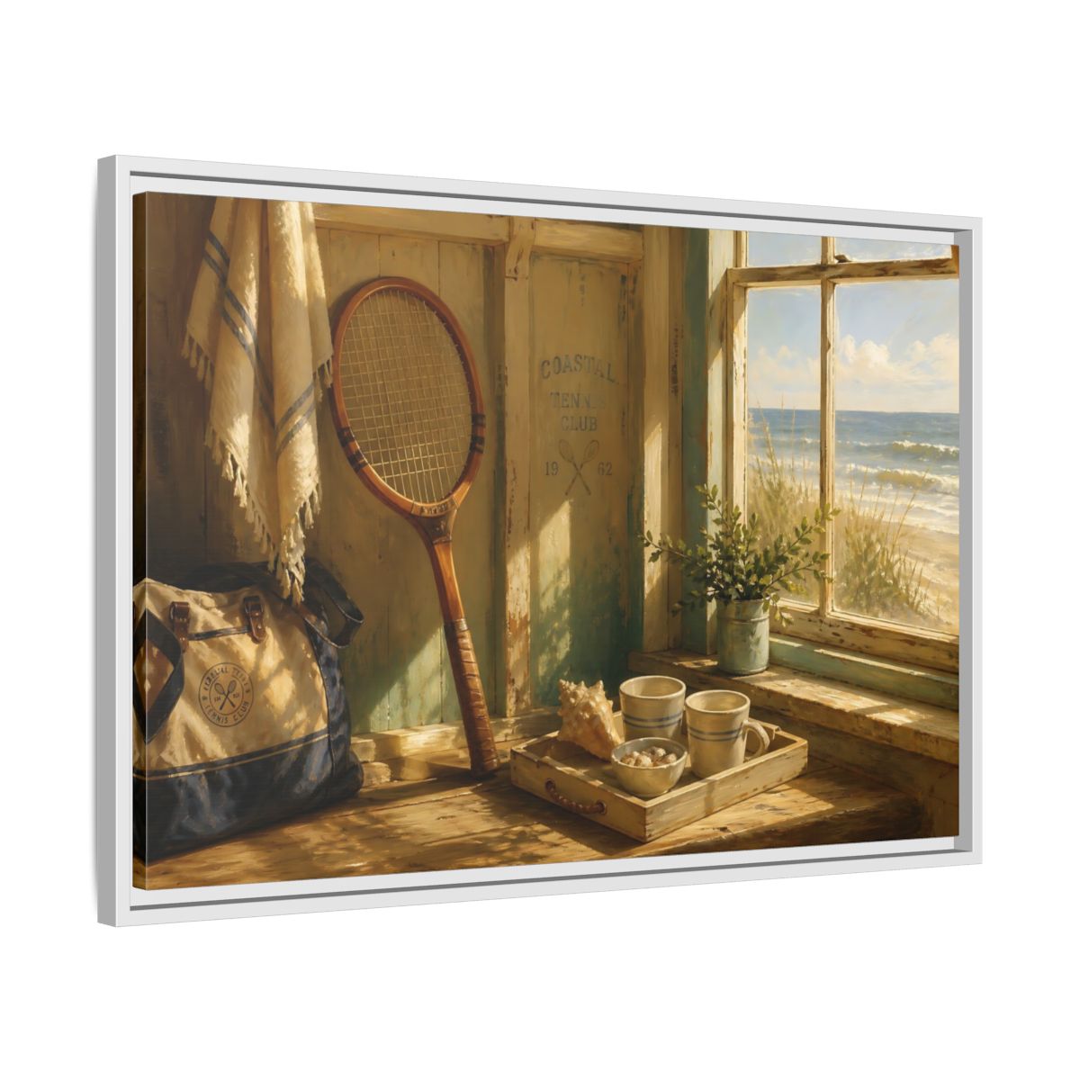 Side Mockup 10. Vintage Tennis Racket Vintage Coastal shown as framed canvas print