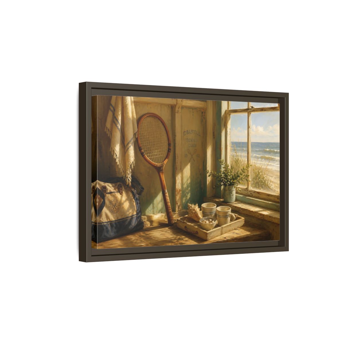 Side Mockup 5. Vintage Tennis Racket Vintage Coastal shown as framed canvas print