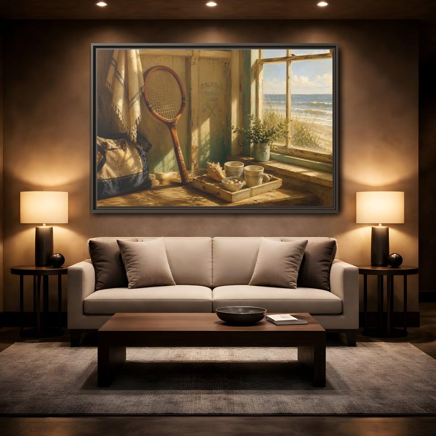 Mockup 2. Vintage Tennis Racket Vintage Coastal shown as framed canvas print