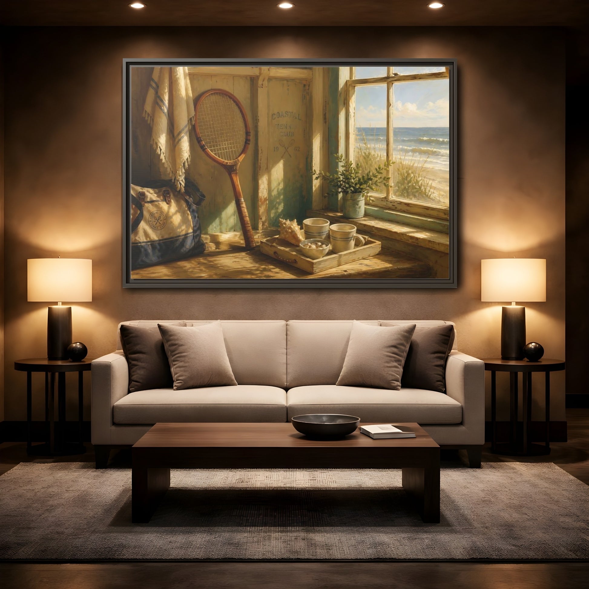 Mockup 2. Vintage Tennis Racket Vintage Coastal shown as framed canvas print