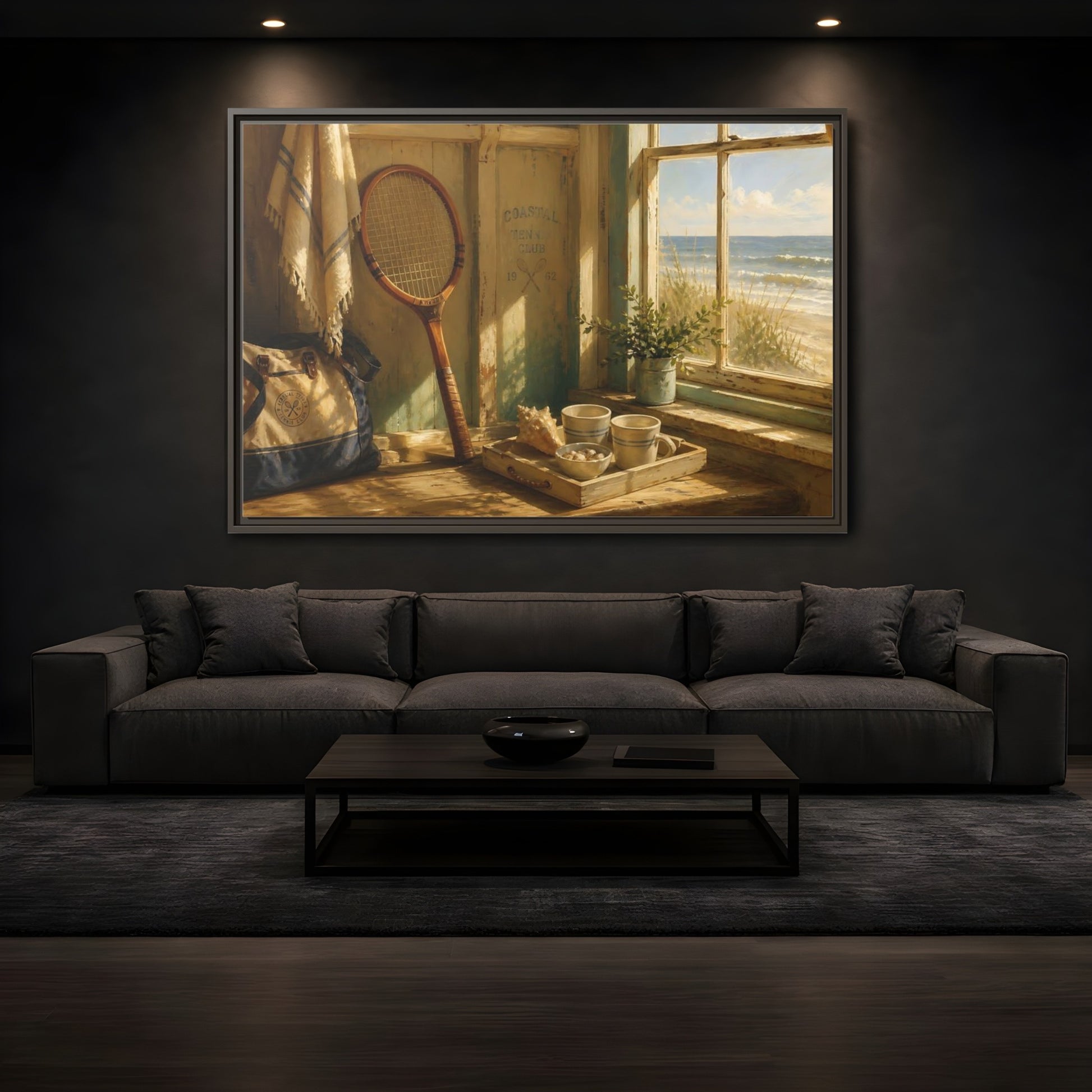 Mockup 3. Vintage Tennis Racket Vintage Coastal shown as framed canvas print