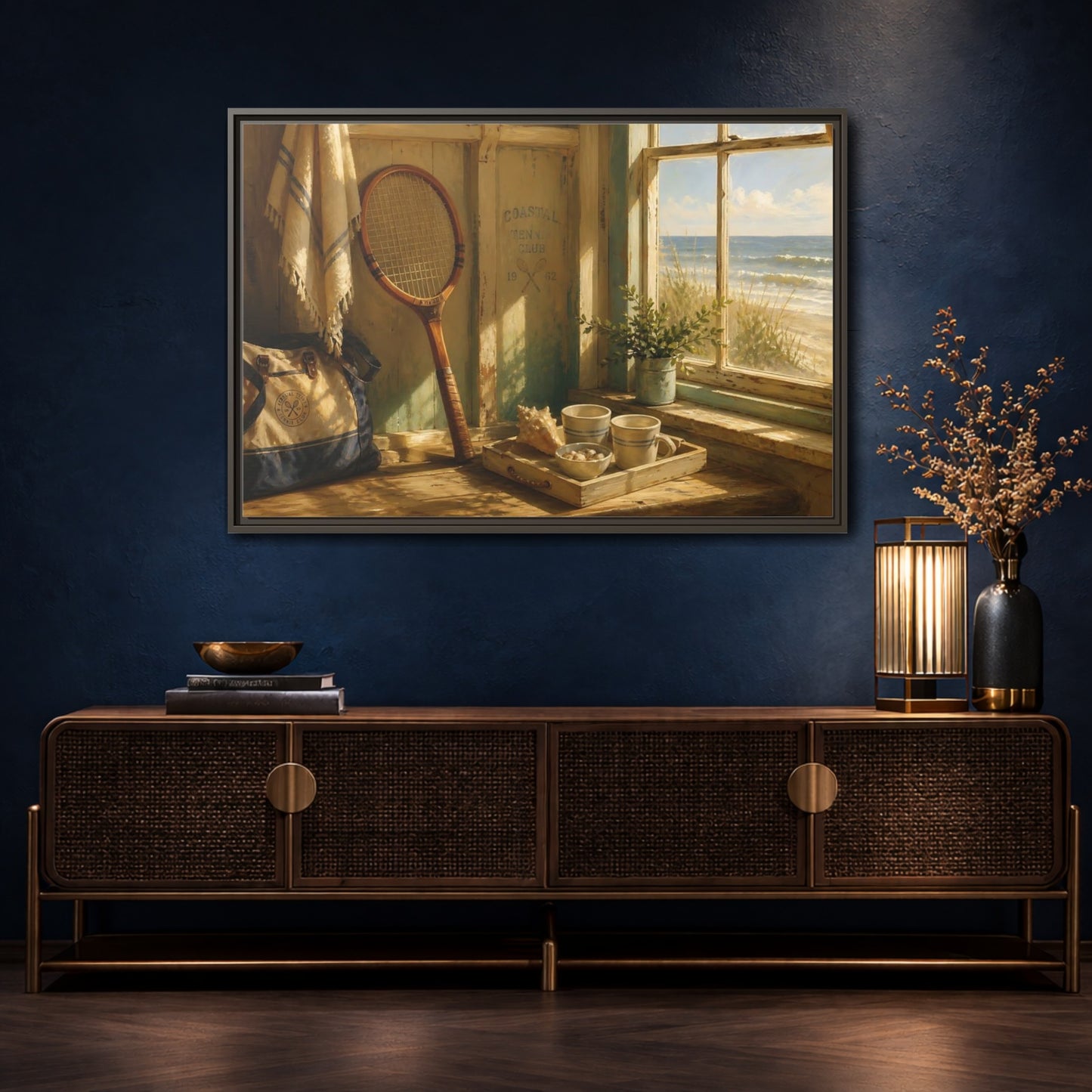Mockup 4. Vintage Tennis Racket Vintage Coastal shown as framed canvas print