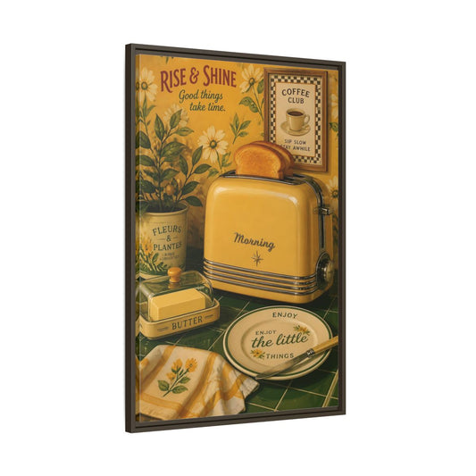 Main Mockup. Vintage Toaster Breakfast Yellow Breakfast Scene shown as framed canvas print
