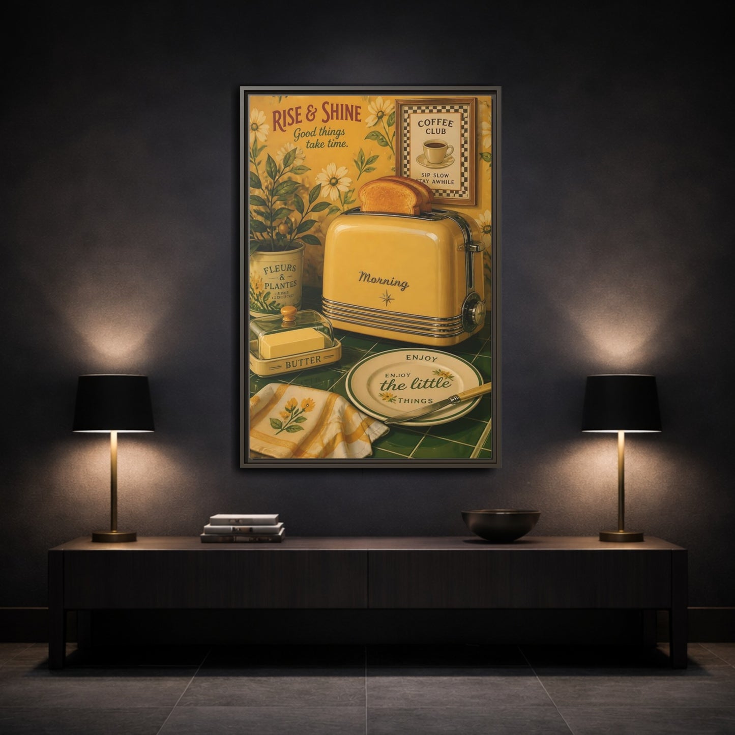 Mockup 2. Vintage Toaster Breakfast Yellow Breakfast Scene shown as framed canvas print