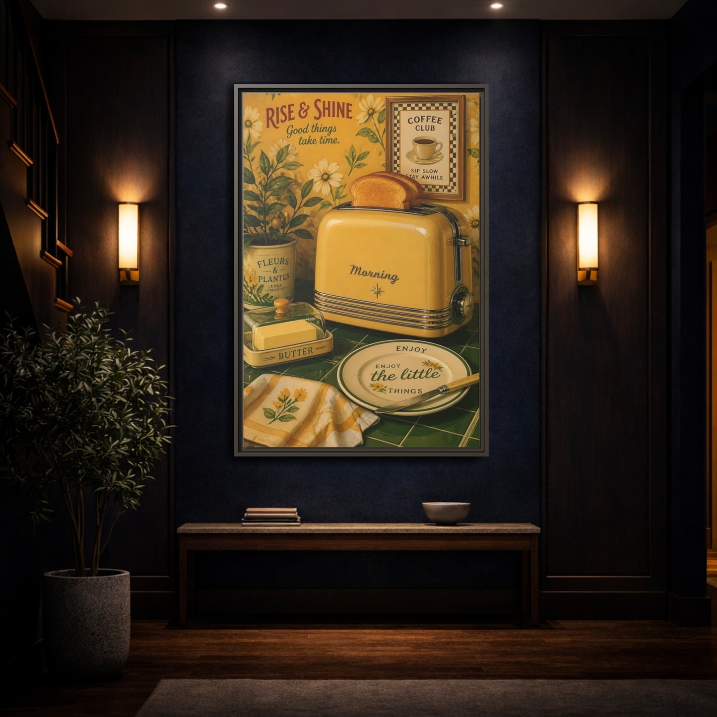 Mockup 4. Vintage Toaster Breakfast Yellow Breakfast Scene shown as framed canvas print