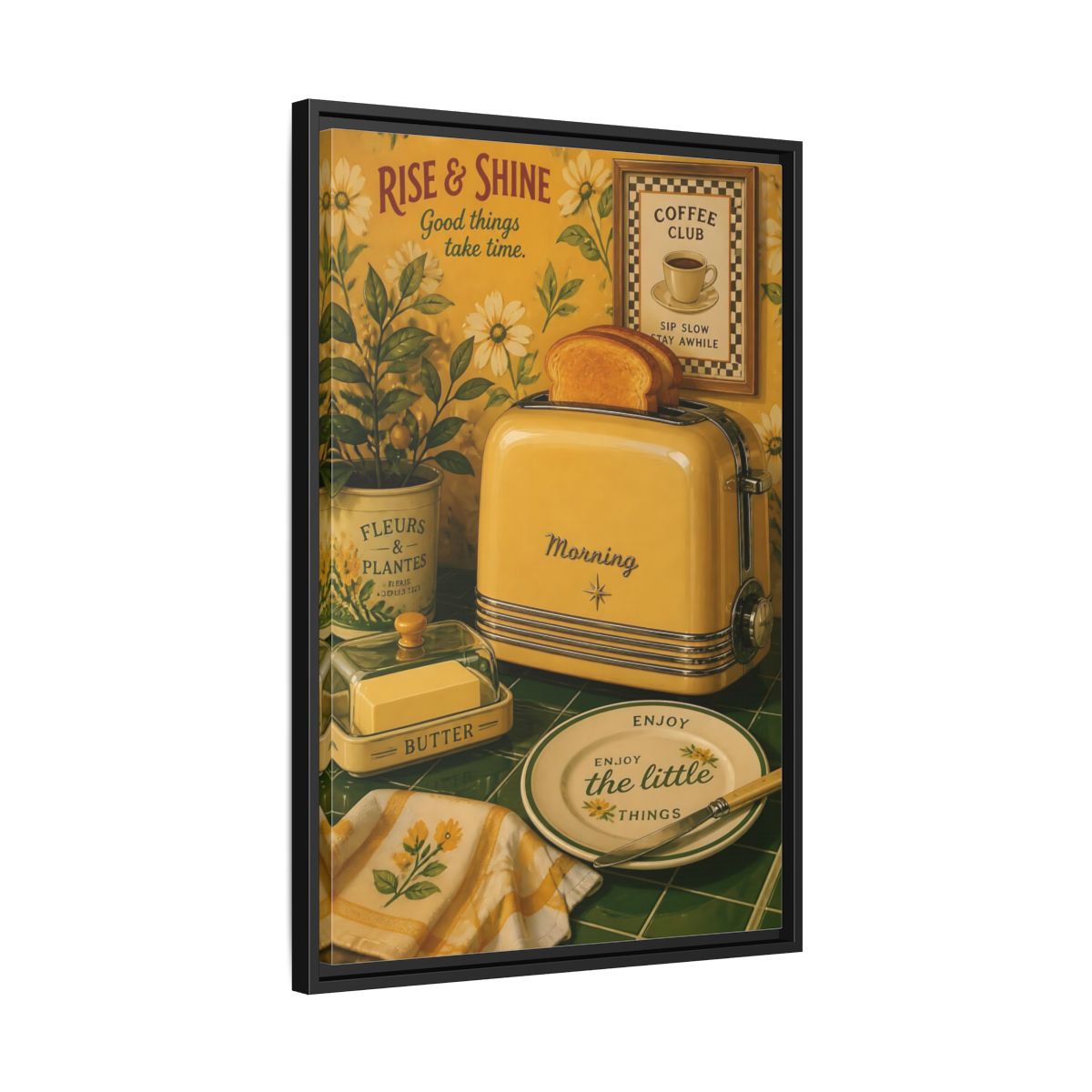 Side Mockup 14. Vintage Toaster Breakfast Yellow Breakfast Scene shown as framed canvas print