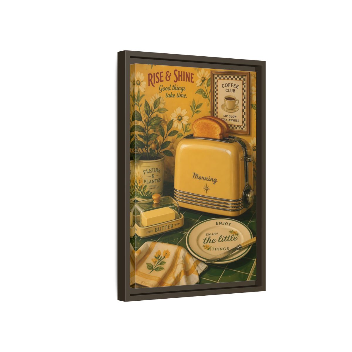 Side Mockup 5. Vintage Toaster Breakfast Yellow Breakfast Scene shown as framed canvas print