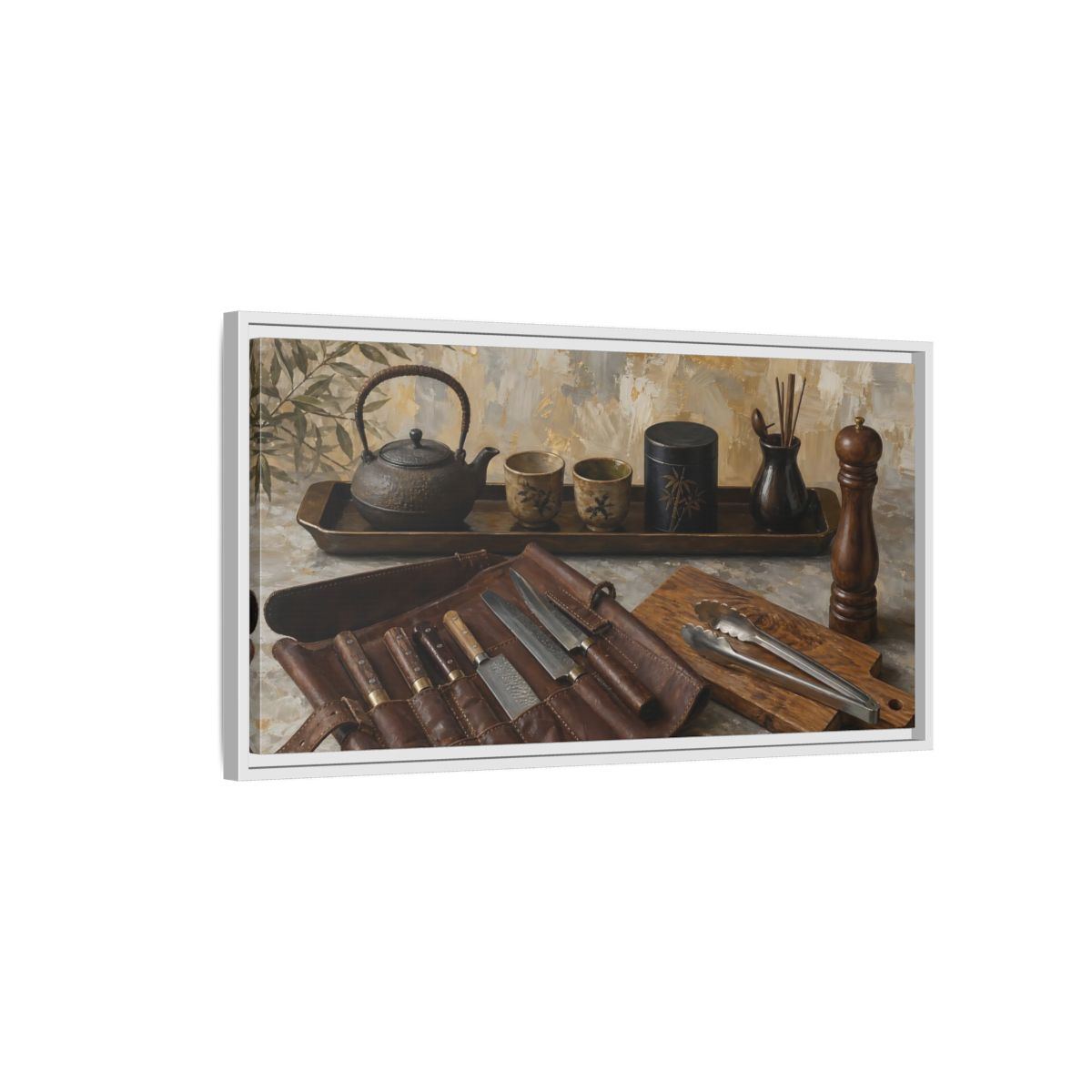 Side Mockup 1. Vintage Traditional Items Brown And Gold shown as framed canvas print