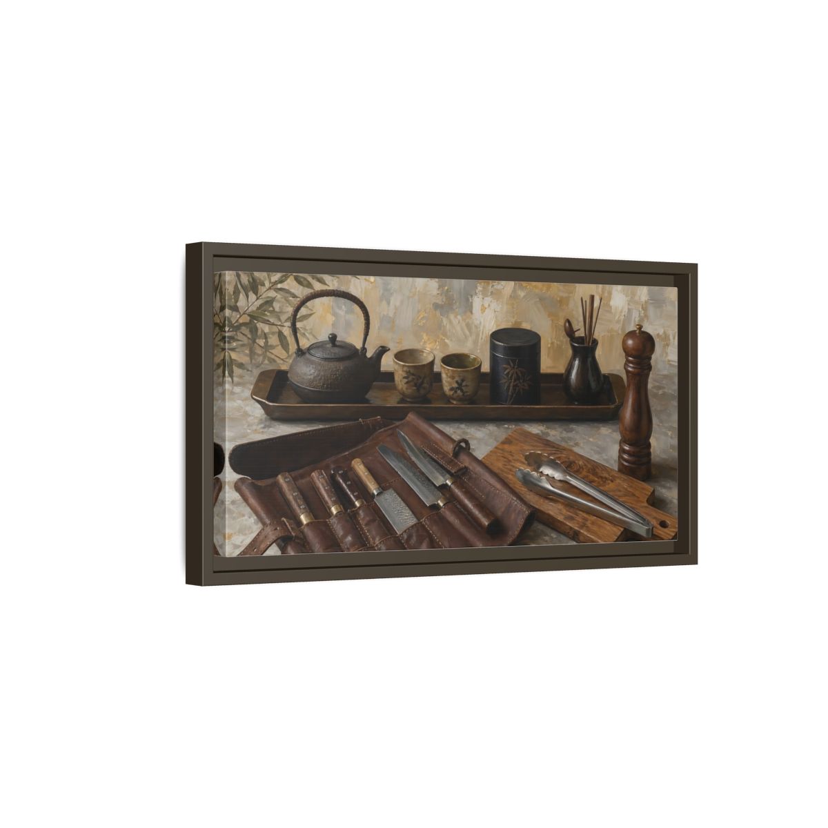 Side Mockup 7. Vintage Traditional Items Brown And Gold shown as framed canvas print