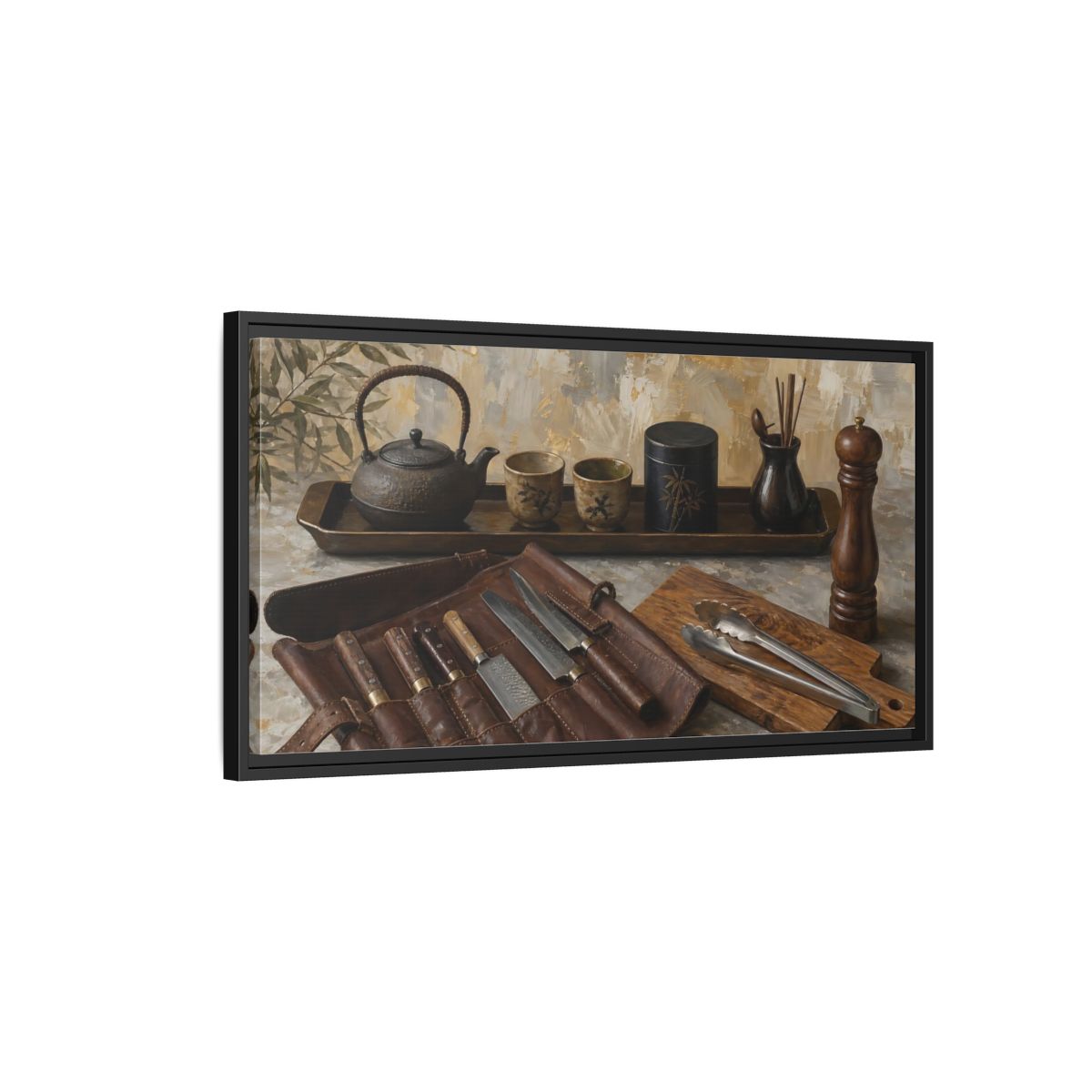 Side Mockup 2. Vintage Traditional Items Brown And Gold shown as framed canvas print