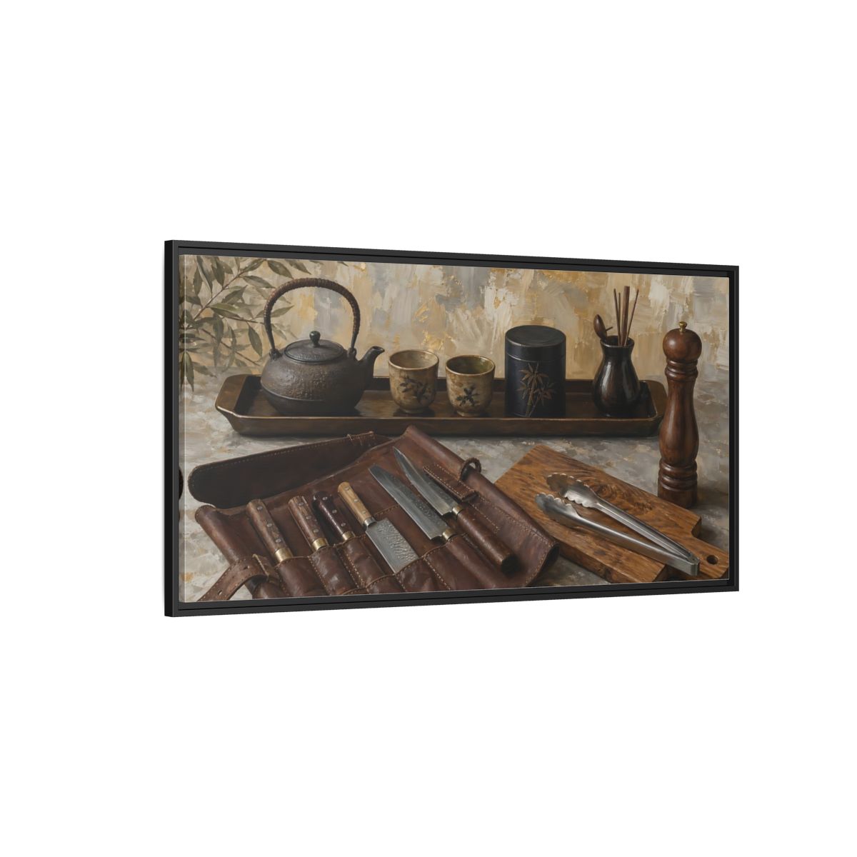Side Mockup 5. Vintage Traditional Items Brown And Gold shown as framed canvas print