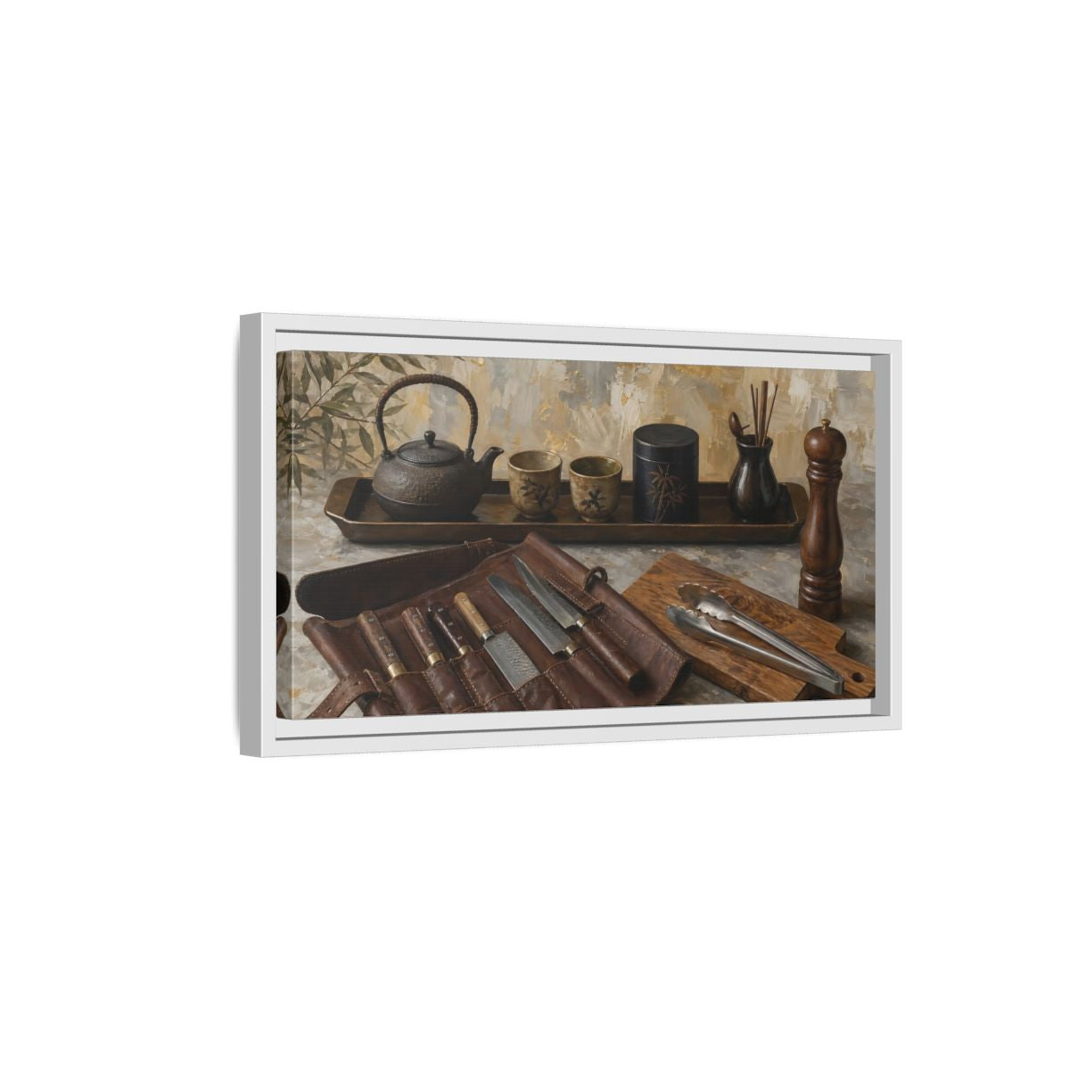 Side Mockup 6. Vintage Traditional Items Brown And Gold shown as framed canvas print