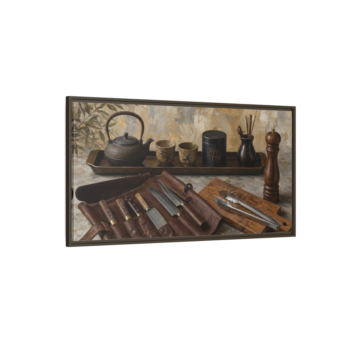 Side Mockup 4. Vintage Traditional Items Brown And Gold shown as framed canvas print