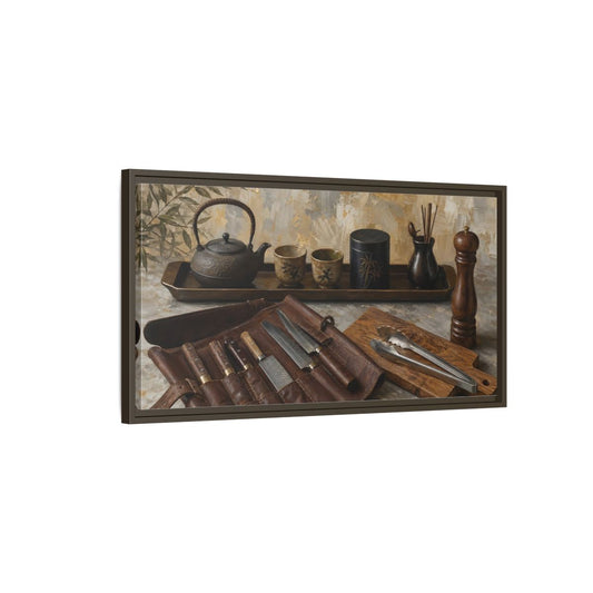 Main Mockup. Vintage Traditional Items Brown And Gold shown as framed canvas print