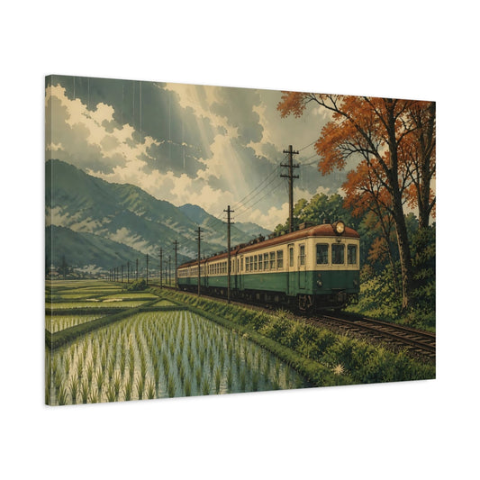 Main Mockup. Vintage Train Through Rice Fields shown as canvas print