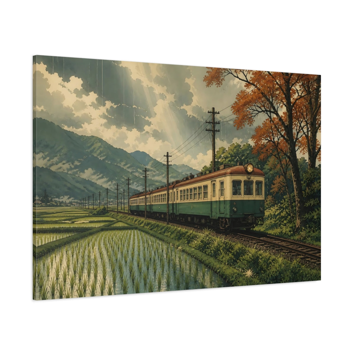 Side Mockup 1. Vintage Train Through Rice Fields shown as canvas print