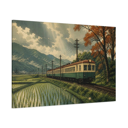 Side Mockup 1. Vintage Train Through Rice Fields shown as canvas print