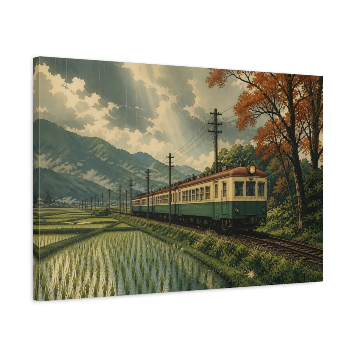 Side Mockup 2. Vintage Train Through Rice Fields shown as canvas print