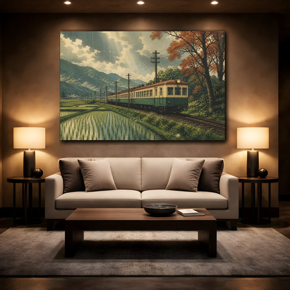 Mockup 2. Vintage Train Through Rice Fields shown as canvas print
