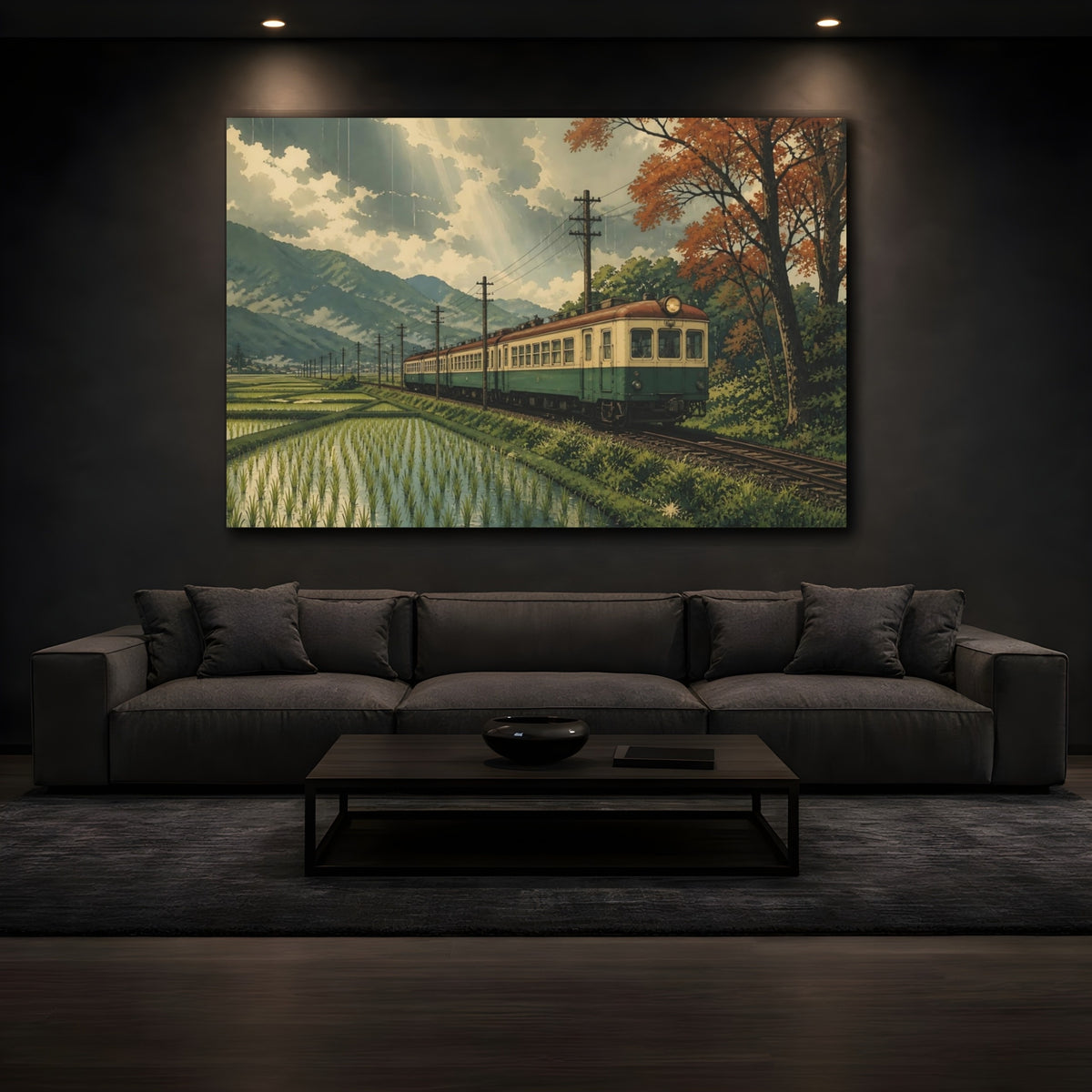 Mockup 3. Vintage Train Through Rice Fields shown as canvas print