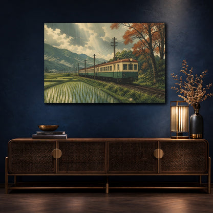 Mockup 4. Vintage Train Through Rice Fields shown as canvas print