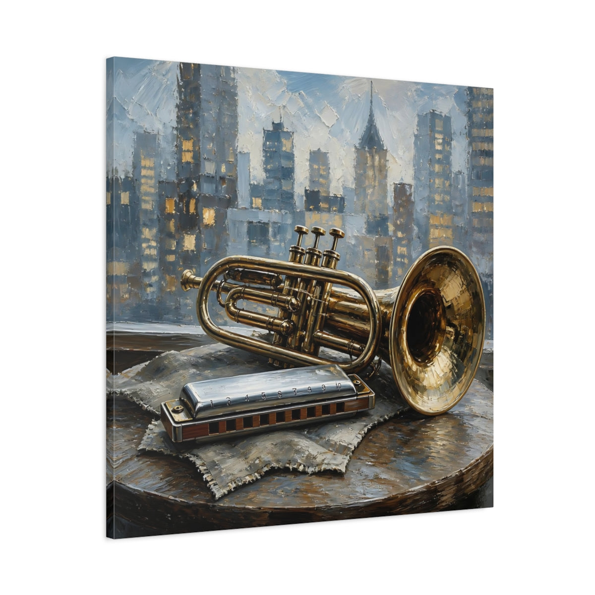 Main Mockup. Vintage Trumpet Harmonica Gold And Blue shown as canvas print