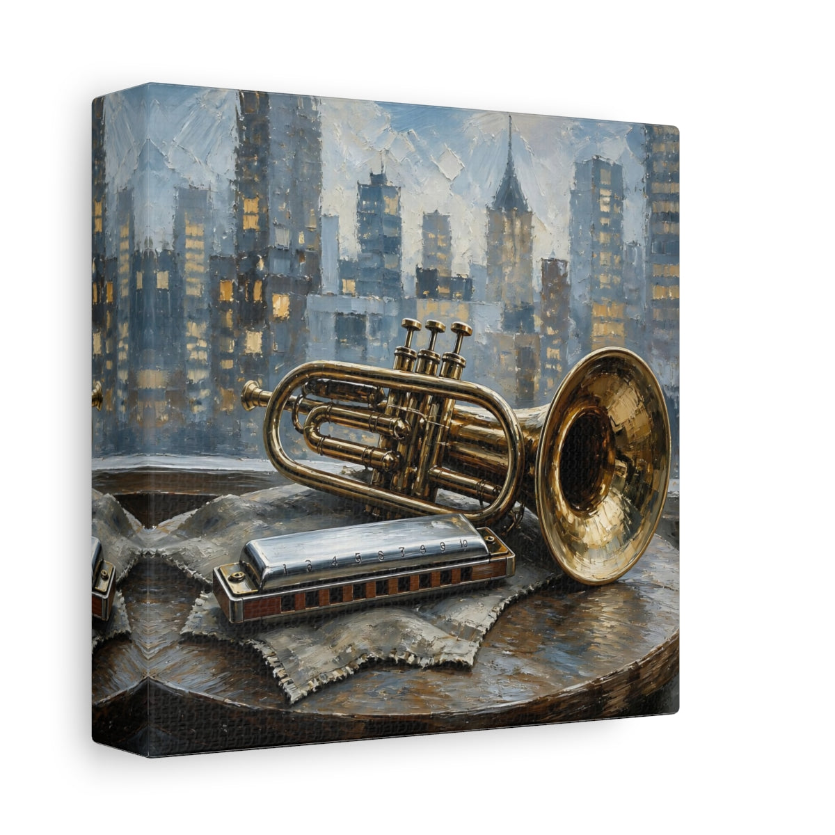Side Mockup 2. Vintage Trumpet Harmonica Gold And Blue shown as canvas print