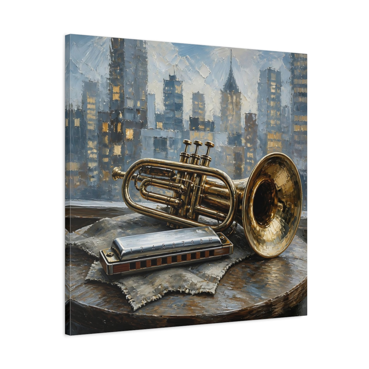 Side Mockup 3. Vintage Trumpet Harmonica Gold And Blue shown as canvas print