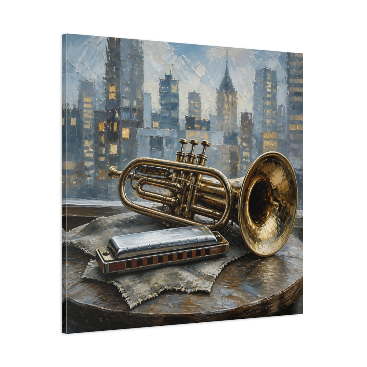 Side Mockup 1. Vintage Trumpet Harmonica Gold And Blue shown as canvas print